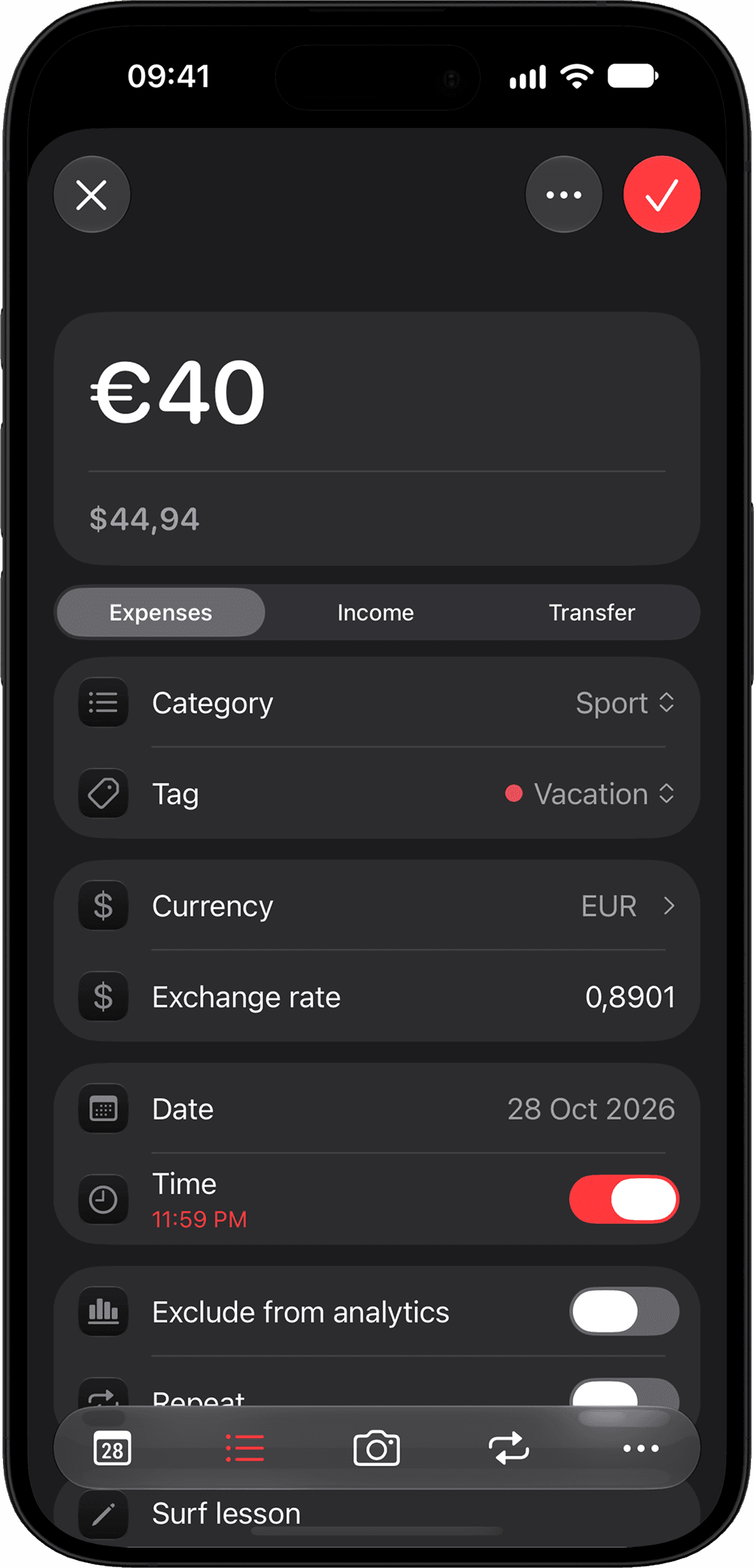 Fineyo add transaction form with currency, date and repeat options